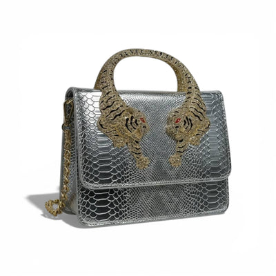 👜 Roberto Cavalli Silver Snake-Effect Top Handle Bag with Tiger Head Handle