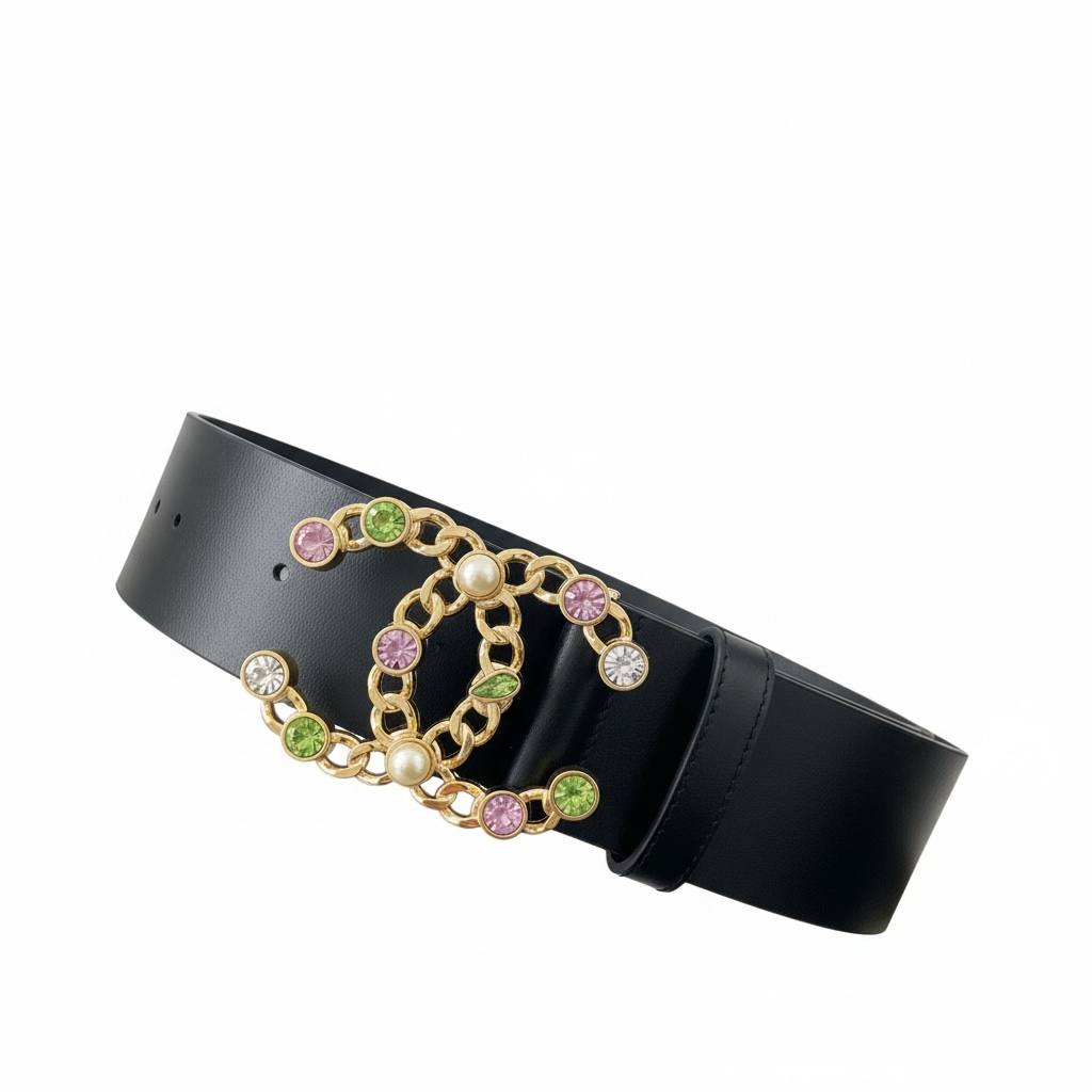 🧷 Chanel Leather Belt with Jewel Logo Buckle – Black
