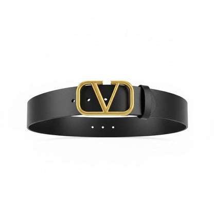 ✨ Valentino VLogo Leather Belt – Black & Gold