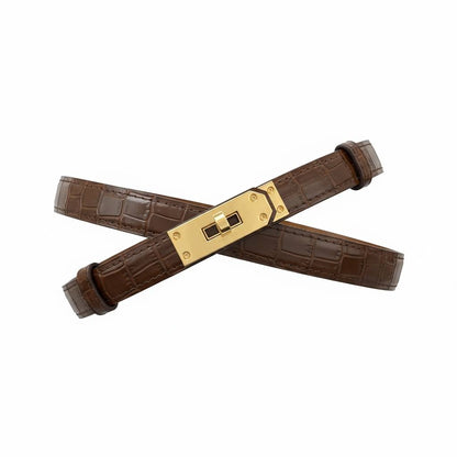 🤎 Hermès Croc-Embossed Leather Belt Bracelet – Gold Turn-Lock