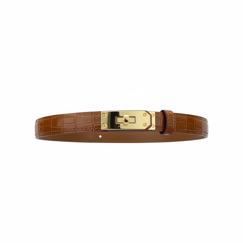 🤎 Hermès Kelly Croc-Embossed Leather Belt Bracelet – Gold Turn-Lock