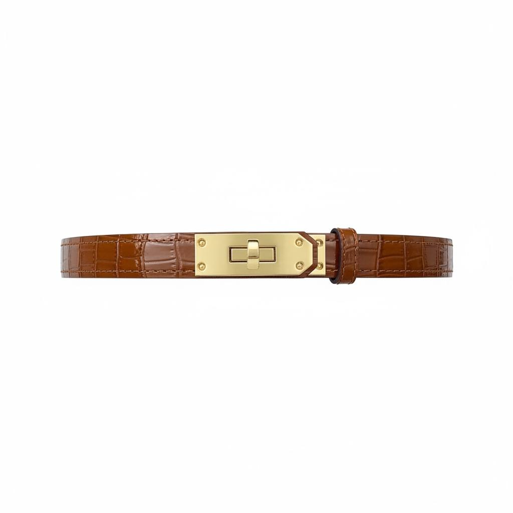 🤎 Hermès Kelly Croc-Embossed Leather Belt Bracelet – Gold Turn-Lock