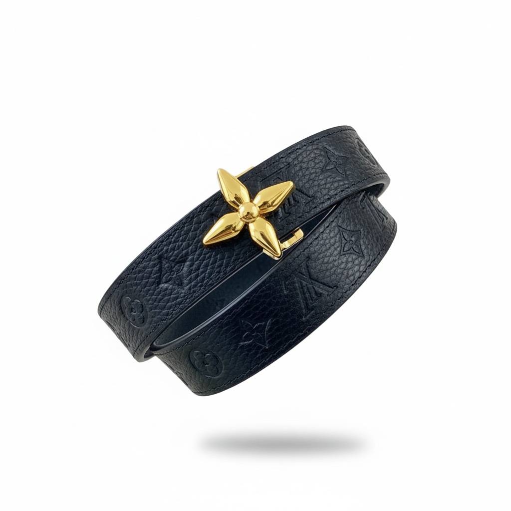 🖤 Louis Vuitton Monogram Leather Belt – Gold Flower Buckle