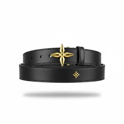 🖤 Louis Vuitton Leather Belt – Gold Monogram Flower Detail