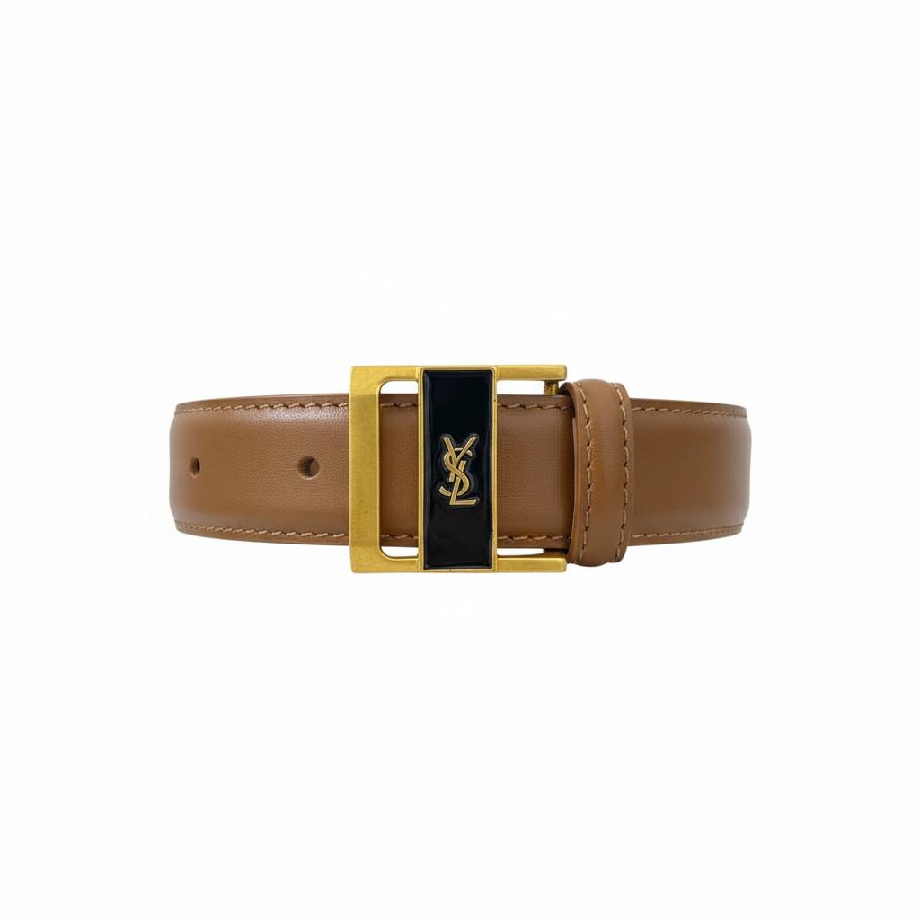 ✨ Yves Saint Laurent Brown Leather Belt with Gold YSL Buckle