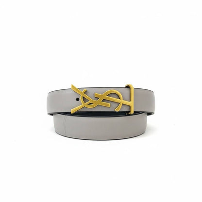 ✨ Yves Saint Laurent Grey Leather Belt with Gold Logo Buckle