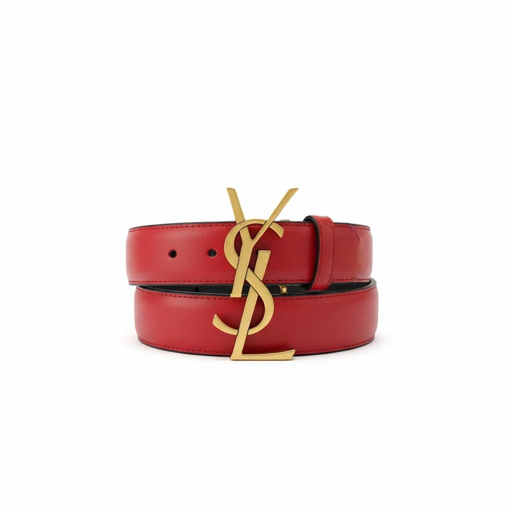 ❤️ YSL Red Leather Belt with Gold Logo Buckle