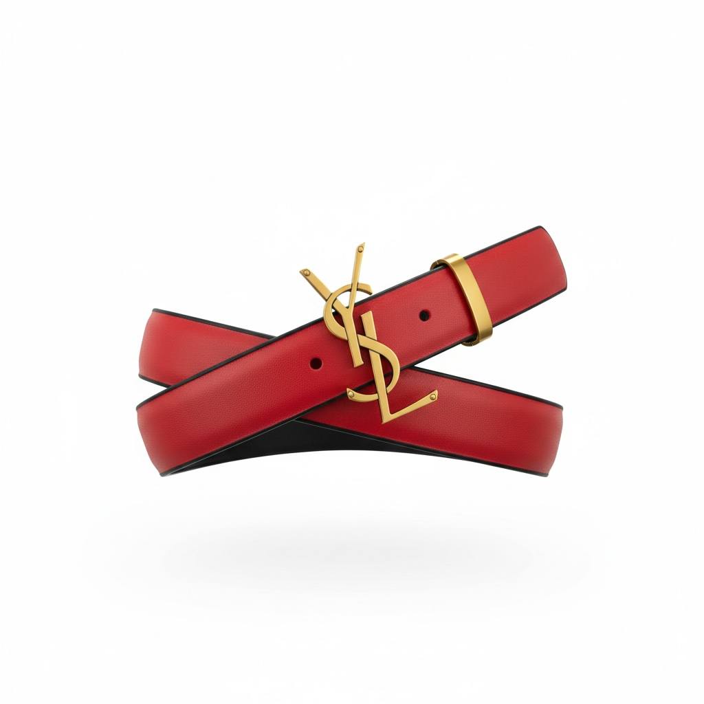❤️ YSL Red Leather Belt with Gold Logo Buckle