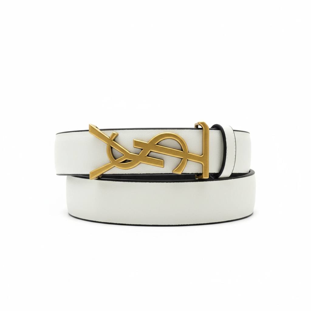 🤍 YSL White Leather Belt with Gold Logo Buckle