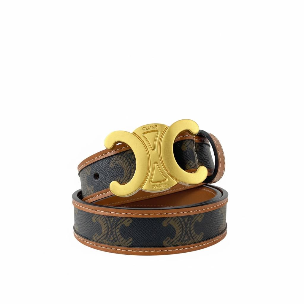🤎 Celine Triomphe Canvas Belt with Gold Logo Buckle