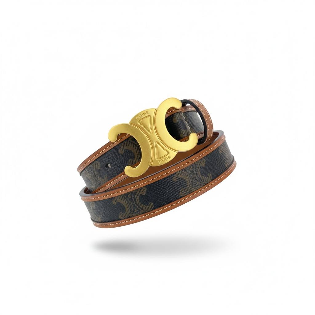 🤎 Celine Triomphe Canvas Belt with Gold Logo Buckle