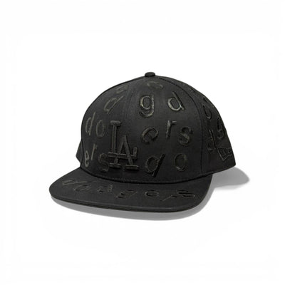 🧢 All-Black LA Dodgers Embossed Snapback Cap – Full Logo Pattern | Flat Brim