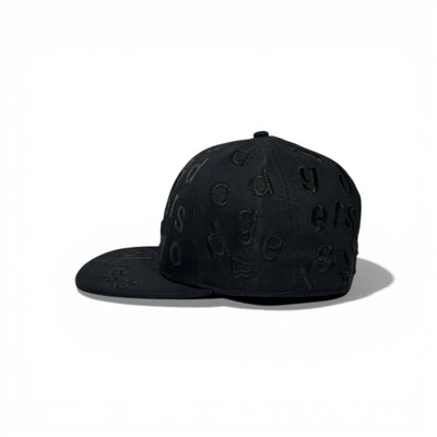 🧢 All-Black LA Dodgers Embossed Snapback Cap – Full Logo Pattern | Flat Brim