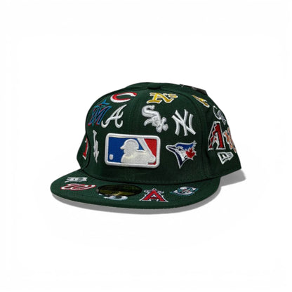 🧢 MLB All-Teams Embroidered Snapback Cap – Green Flat Brim | Multi-Logo Edition