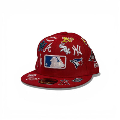 🧢 MLB All-Teams Embroidered Snapback Cap – Red Flat Brim | Multi-Logo Edition
