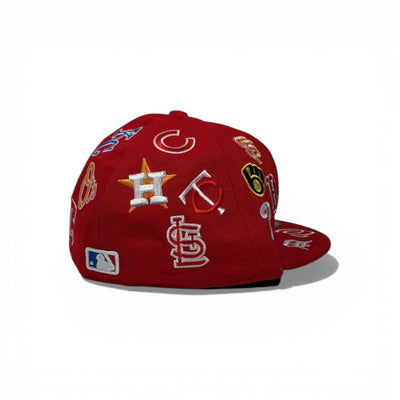 🧢 MLB All-Teams Embroidered Snapback Cap – Red Flat Brim | Multi-Logo Edition
