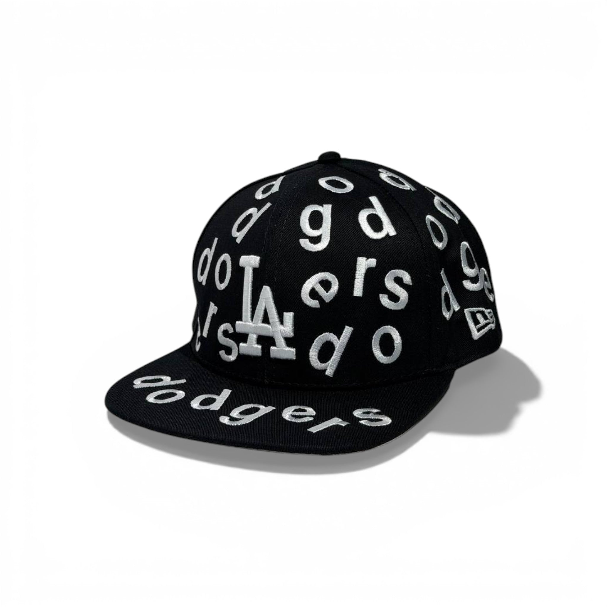 🧢 LA Dodgers All-Over Letter Embroidered Snapback Cap – Black Flat Brim