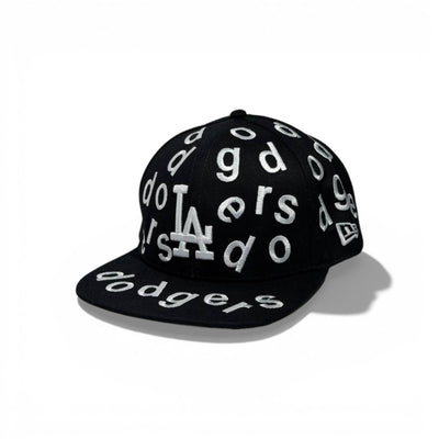 🧢 LA Dodgers All-Over Letter Embroidered Snapback Cap – Black Flat Brim