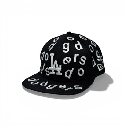 🧢 LA Dodgers All-Over Letter Embroidered Snapback Cap – Black Flat Brim
