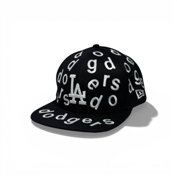 🧢 LA Dodgers All-Over Letter Embroidered Snapback Cap – Black Flat Brim