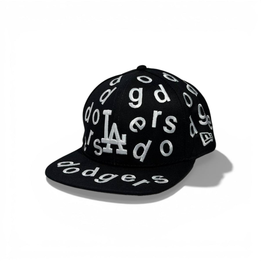 LA Dodgers All-Over Letter Embroidered Snapback Cap — Black