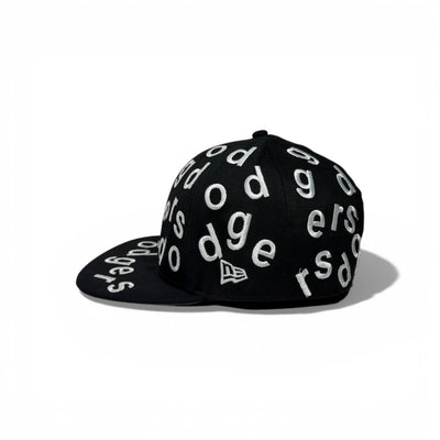 🧢 LA Dodgers All-Over Letter Embroidered Snapback Cap – Black Flat Brim