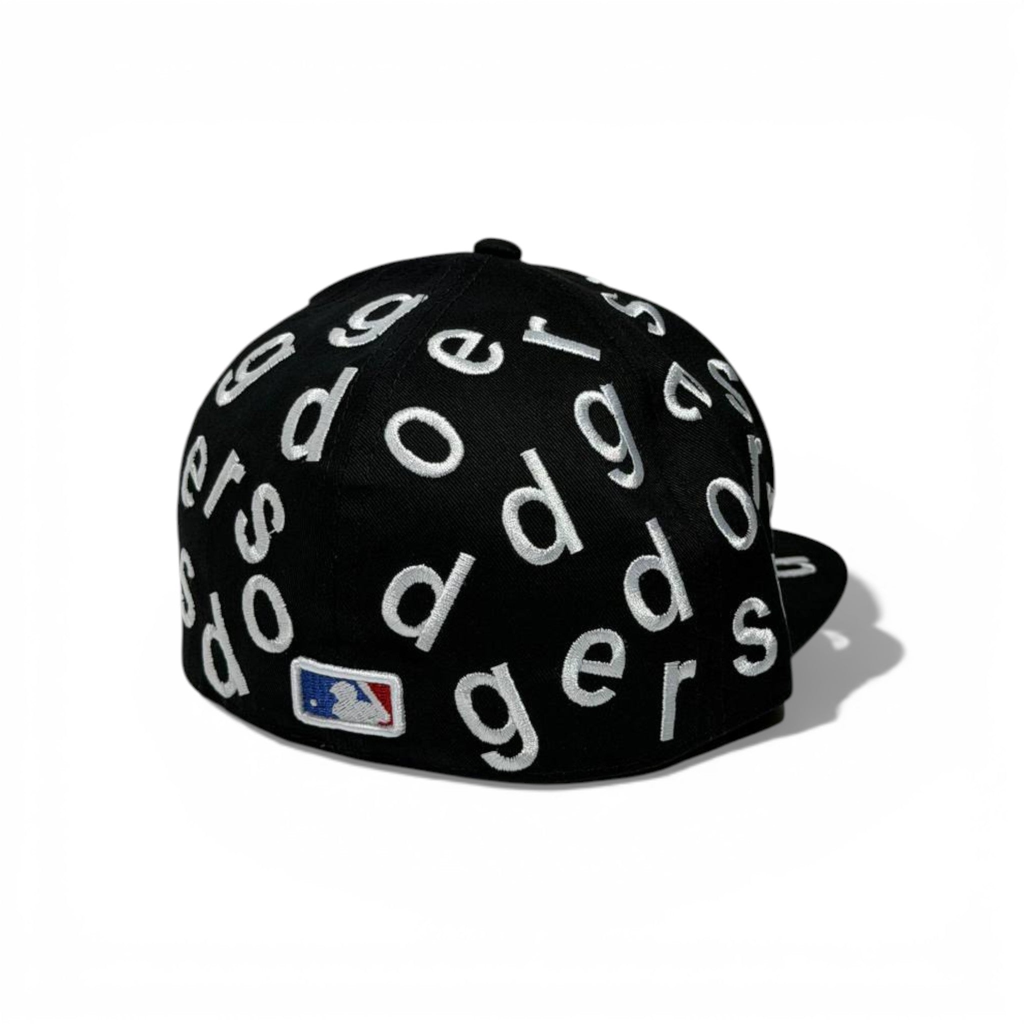 🧢 LA Dodgers All-Over Letter Embroidered Snapback Cap – Black Flat Brim