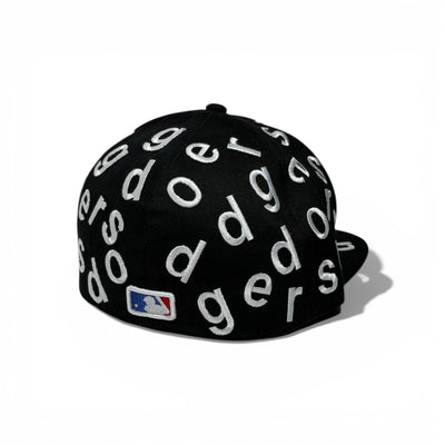 🧢 LA Dodgers All-Over Letter Embroidered Snapback Cap – Black Flat Brim