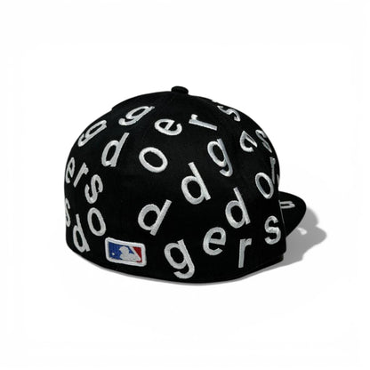 🧢 LA Dodgers All-Over Letter Embroidered Snapback Cap – Black Flat Brim