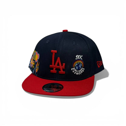 🧢 LA Dodgers Embroidered Snapback Cap – Black Crown & Red Flat Brim | 9X Champions Edition