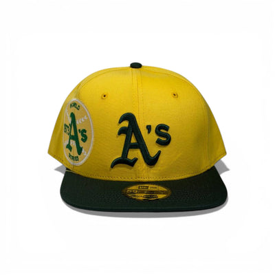 🧢 Oakland A’s Embroidered Snapback Cap – Yellow Crown & Green Flat Brim