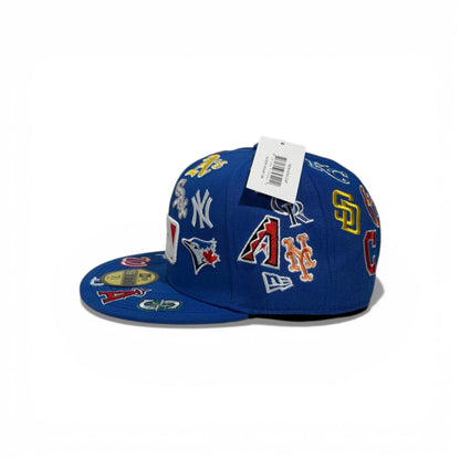 🧢 MLB All-Teams Embroidered Snapback Cap – Royal Blue Flat Brim | Multi-Logo Edition