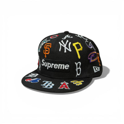 🧢 Black Supreme Patch Snapback Cap – MLB All-Teams Embroidered | Flat Brim Streetwear