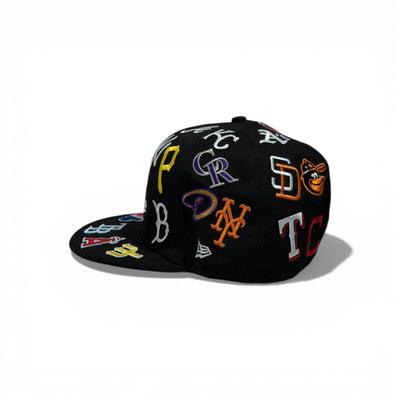 🧢 Black Supreme Patch Snapback Cap – MLB All-Teams Embroidered | Flat Brim Streetwear