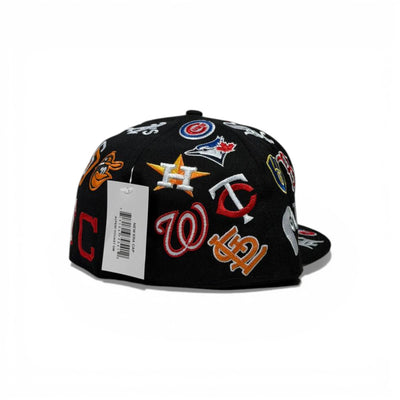 🧢 Black Supreme Patch Snapback Cap – MLB All-Teams Embroidered | Flat Brim Streetwear