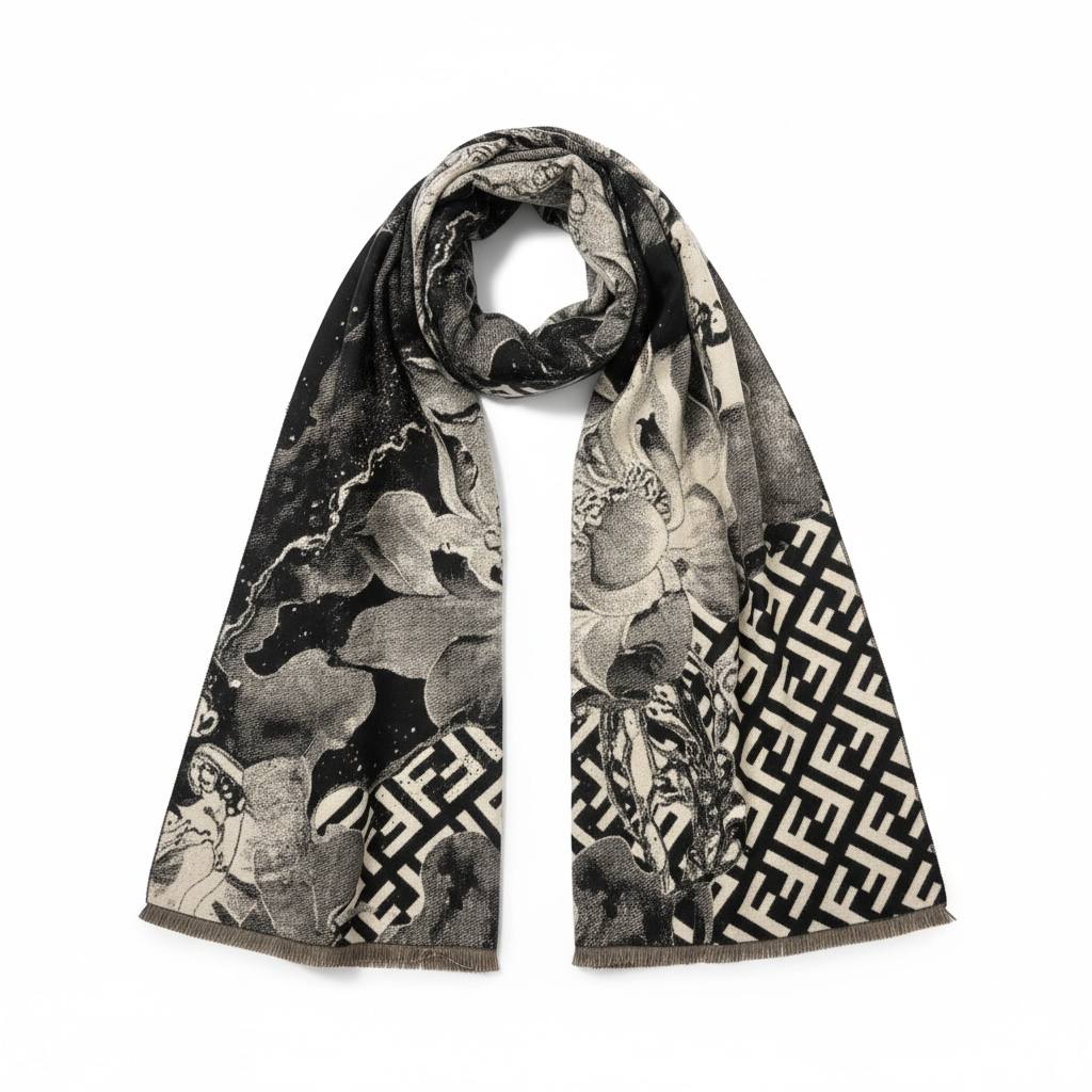 🖤🤍✨🧣 FENDI BLACK & GREY MONOGRAM SCARF 🧣✨🤍🖤