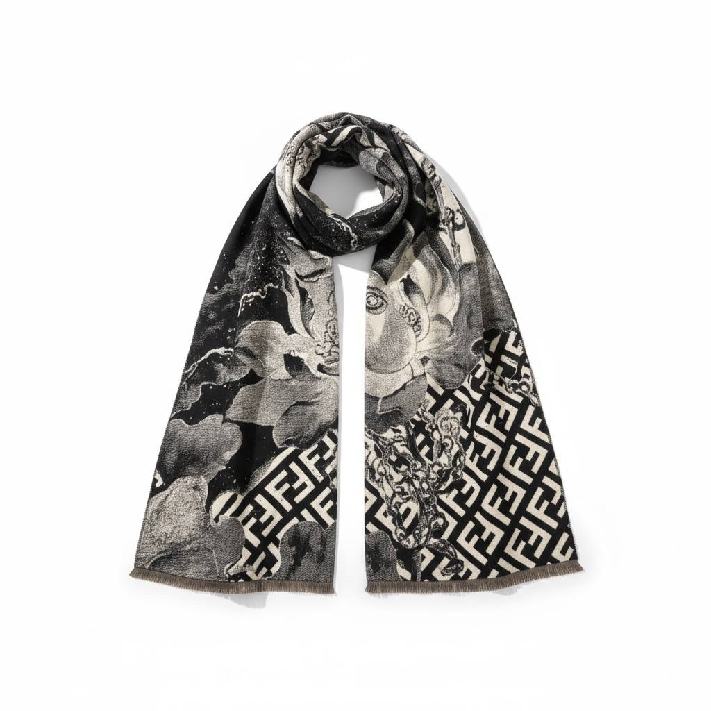 🖤🤍✨🧣 FENDI BLACK & GREY MONOGRAM SCARF 🧣✨🤍🖤