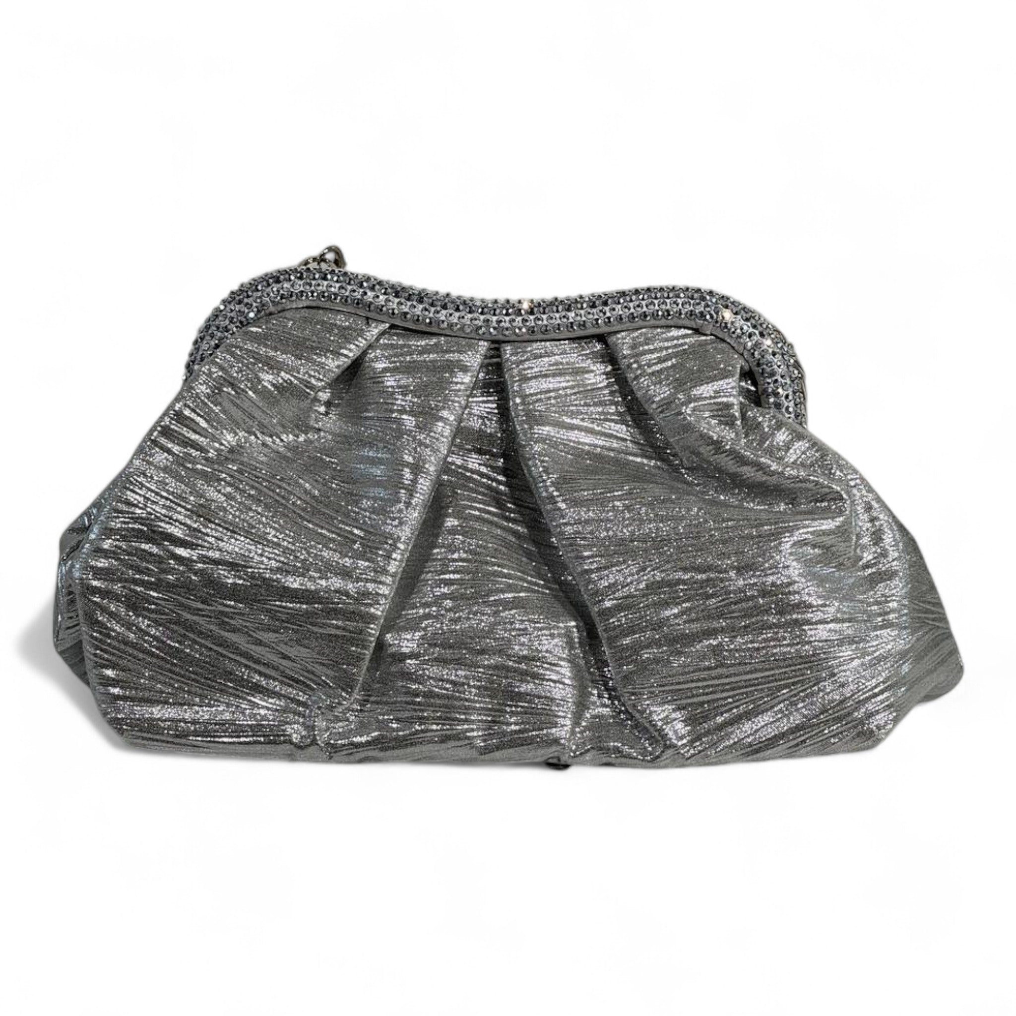 Metallic Silver Pleated Clutch ✨ | Elegant Evening Bag with Crystal Trim