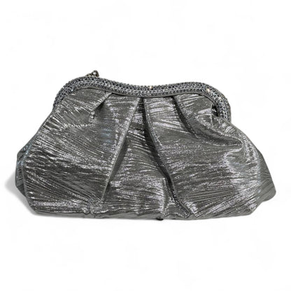 Metallic Silver Pleated Clutch ✨ | Elegant Evening Bag with Crystal Trim