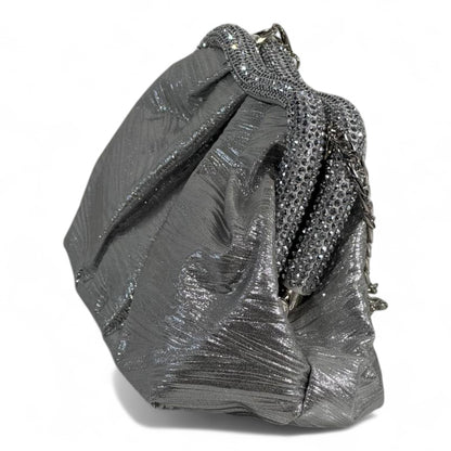 Metallic Silver Pleated Clutch ✨ | Elegant Evening Bag with Crystal Trim