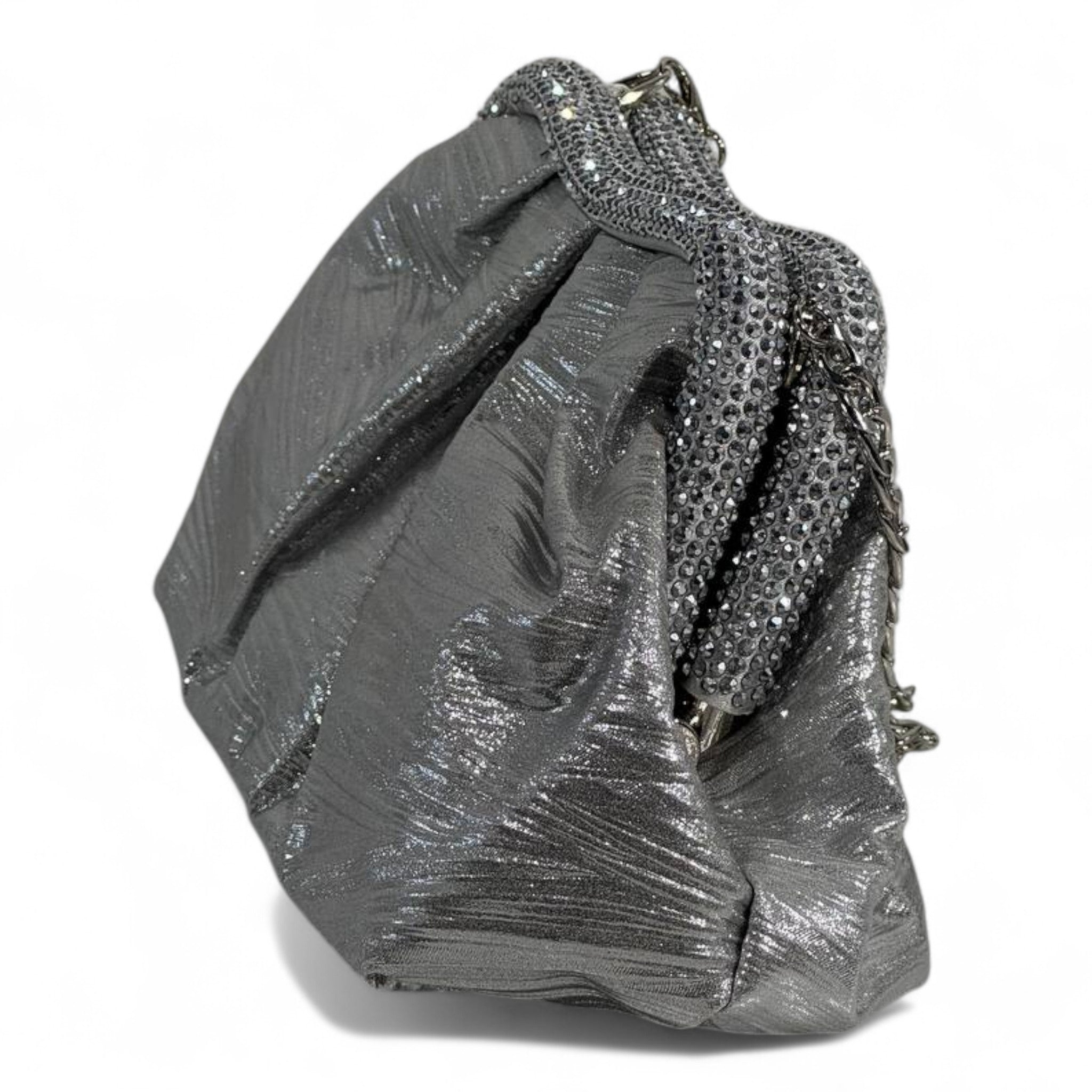 Metallic Silver Pleated Clutch ✨ | Elegant Evening Bag with Crystal Trim