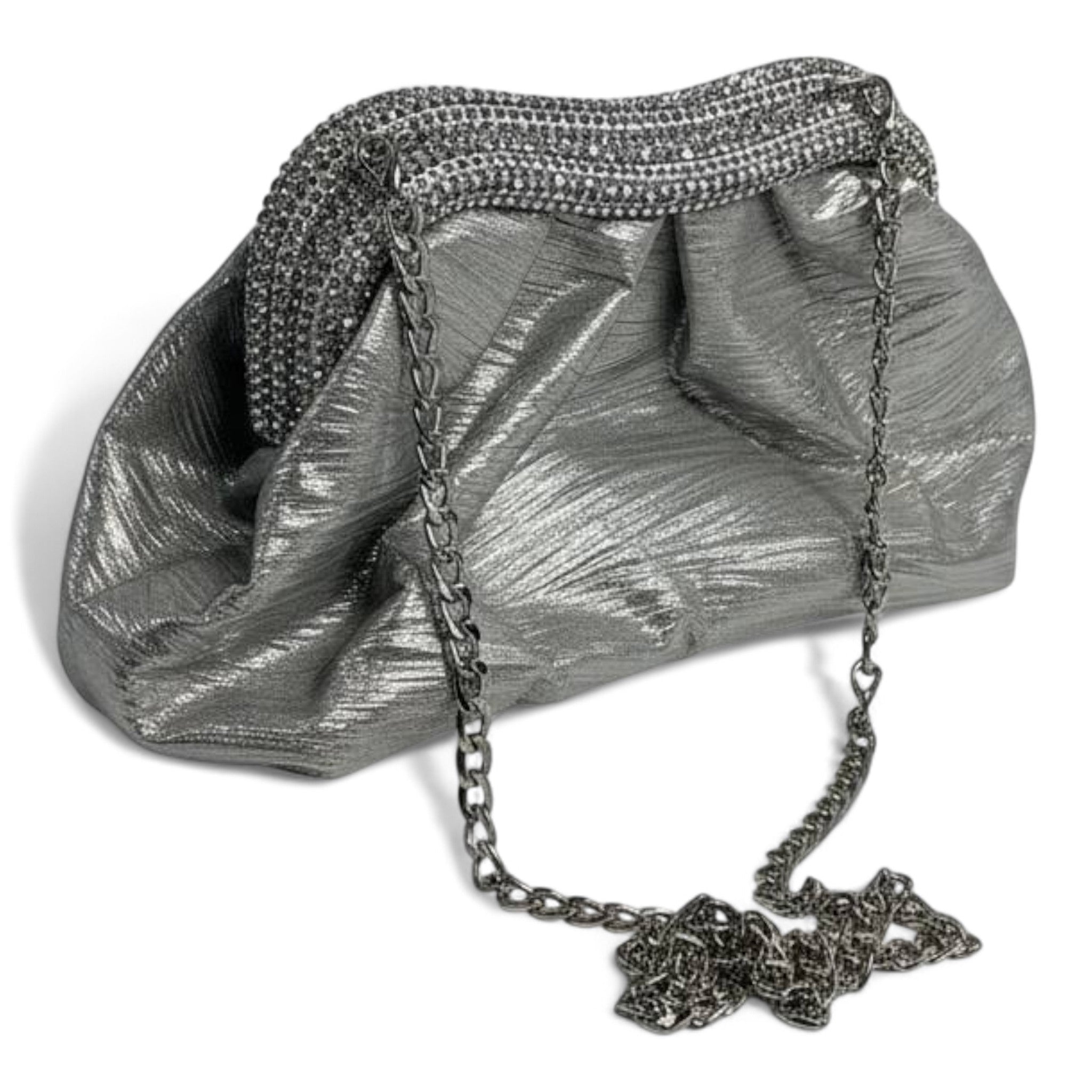 Metallic Silver Pleated Clutch ✨ | Elegant Evening Bag with Crystal Trim