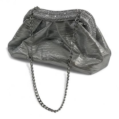 Metallic Silver Pleated Clutch ✨ | Elegant Evening Bag with Crystal Trim