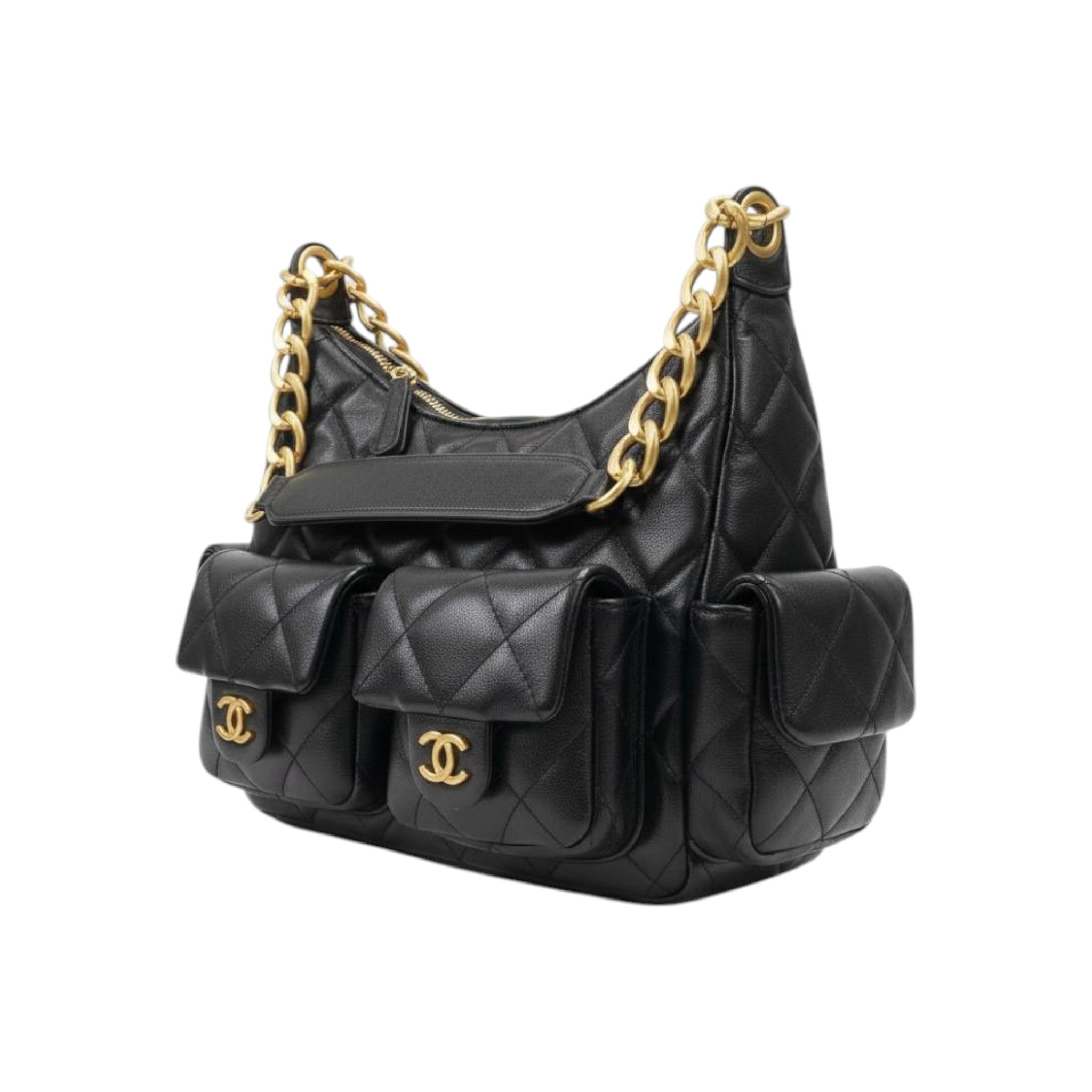 Quilted Black Multi-Pocket Shoulder Bag with Gold Chain 🖤✨