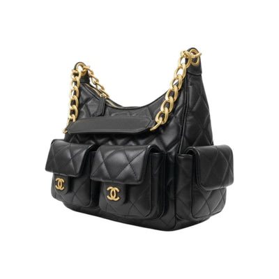 Quilted Black Multi-Pocket Shoulder Bag with Gold Chain 🖤✨
