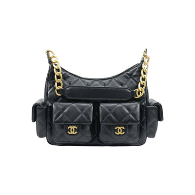 Quilted Black Multi-Pocket Shoulder Bag with Gold Chain 🖤✨