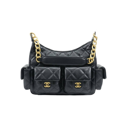 Quilted Black Multi-Pocket Shoulder Bag with Gold Chain 🖤✨