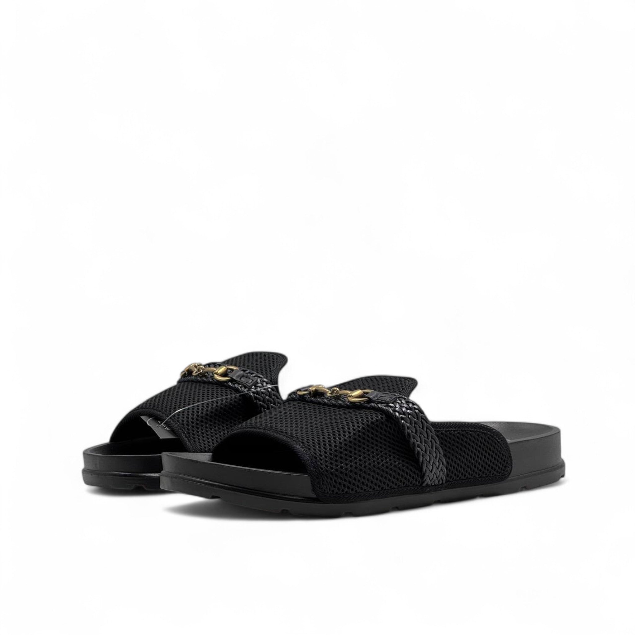 GUCCI Black Mesh Slides with Braided Strap & Gold Chain ✨ by