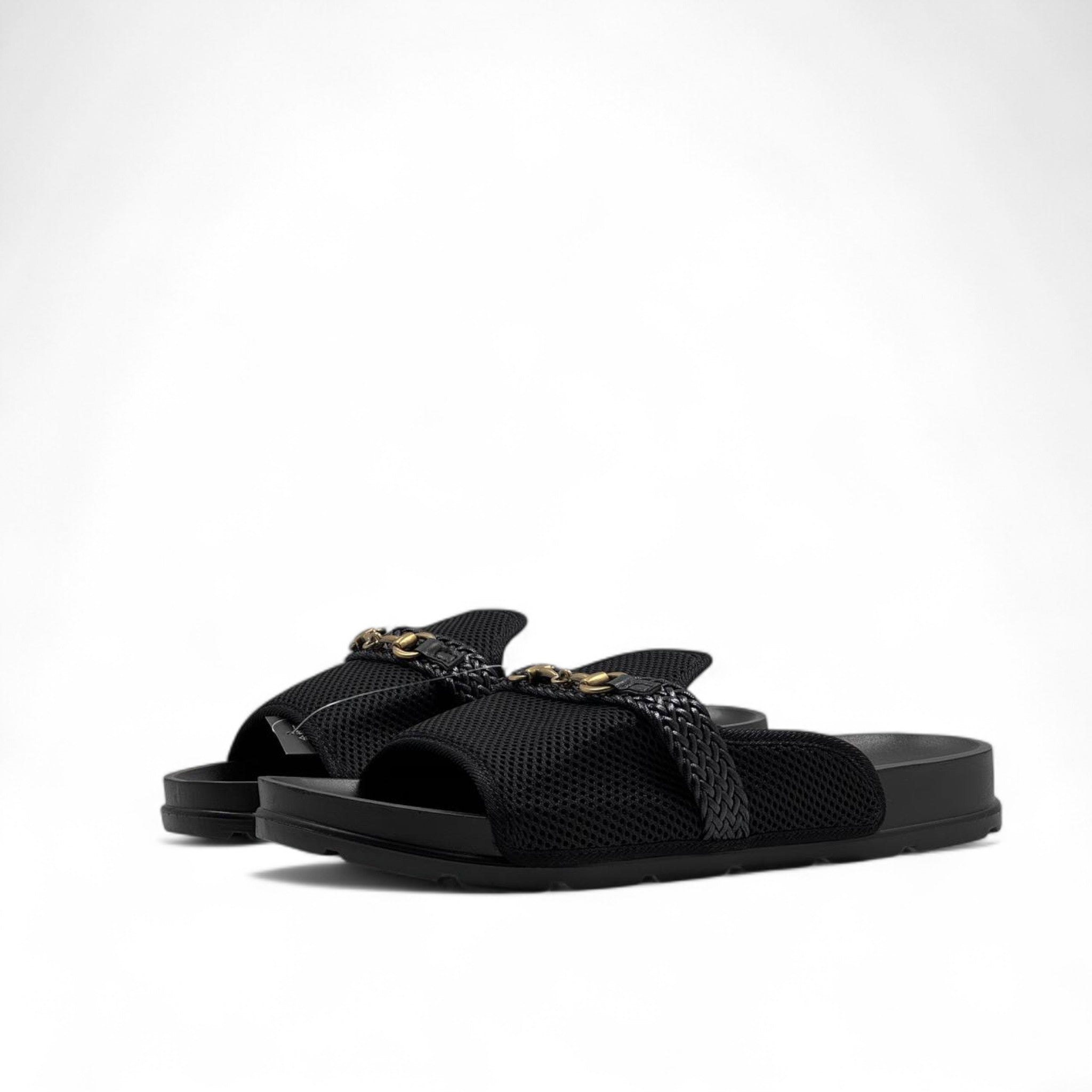 GUCCI Black Mesh Slides with Braided Strap & Gold Chain ✨ by