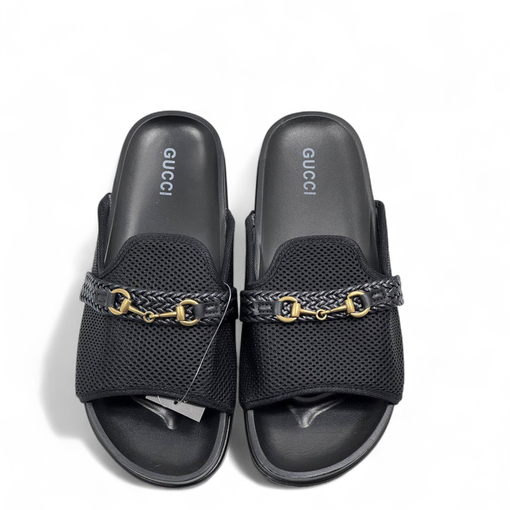GUCCI Black Mesh Slides with Braided Strap & Gold Chain ✨ by